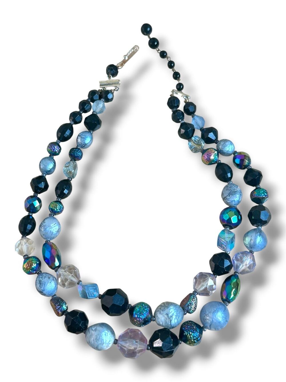 Vtg Germany Double Strand Necklace Blue Black Art Beads Iridescent AB 1950s